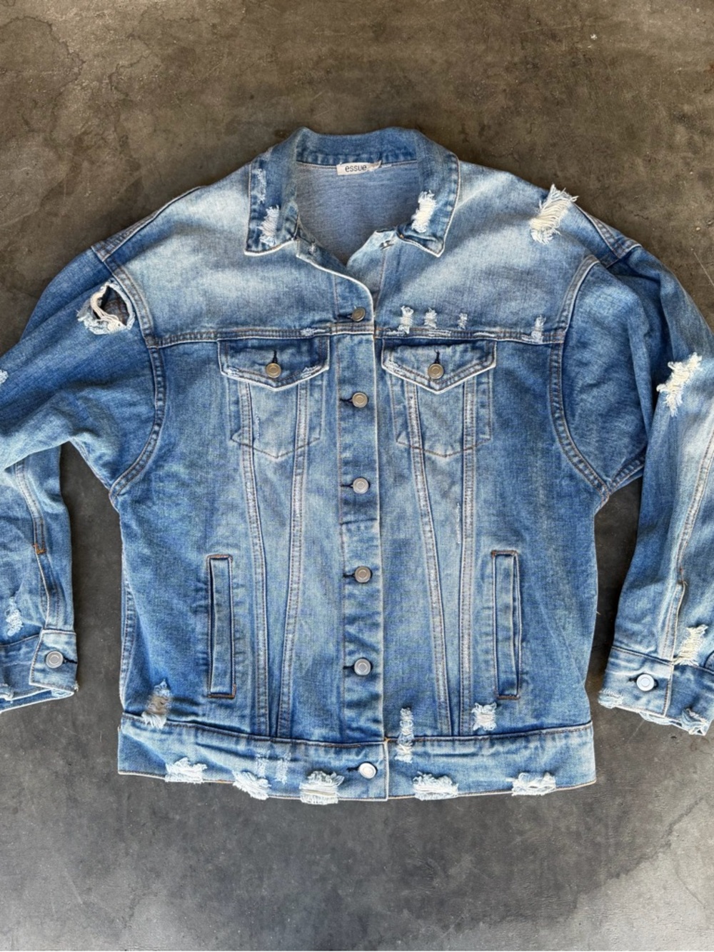 Essue Denim Jacket I’m Watching You Graphic Design, Distressed Jeans Woman’s L